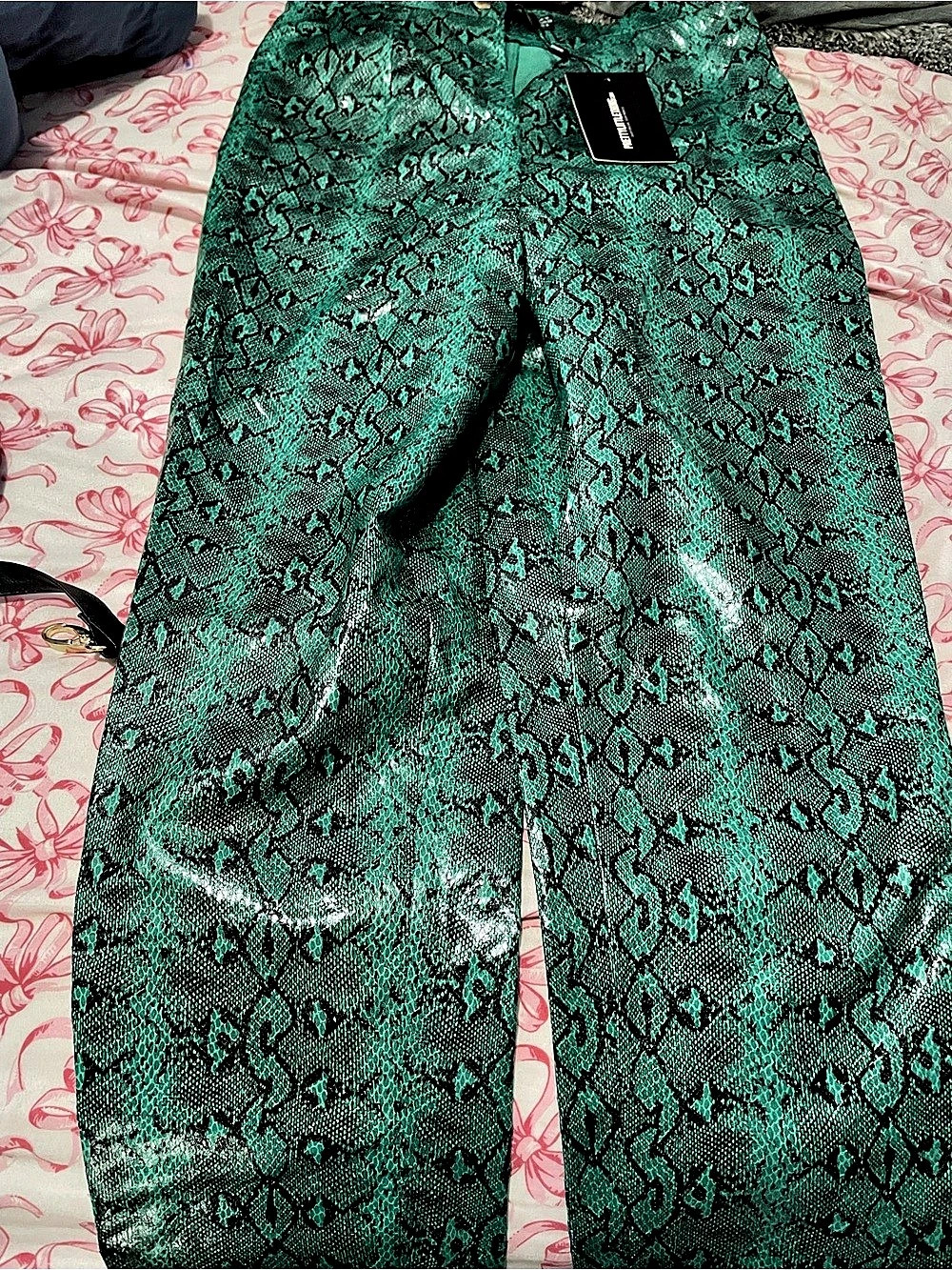 PrettyLittleThing Green Snake Print Faux Leather Trousers Green & Black US size